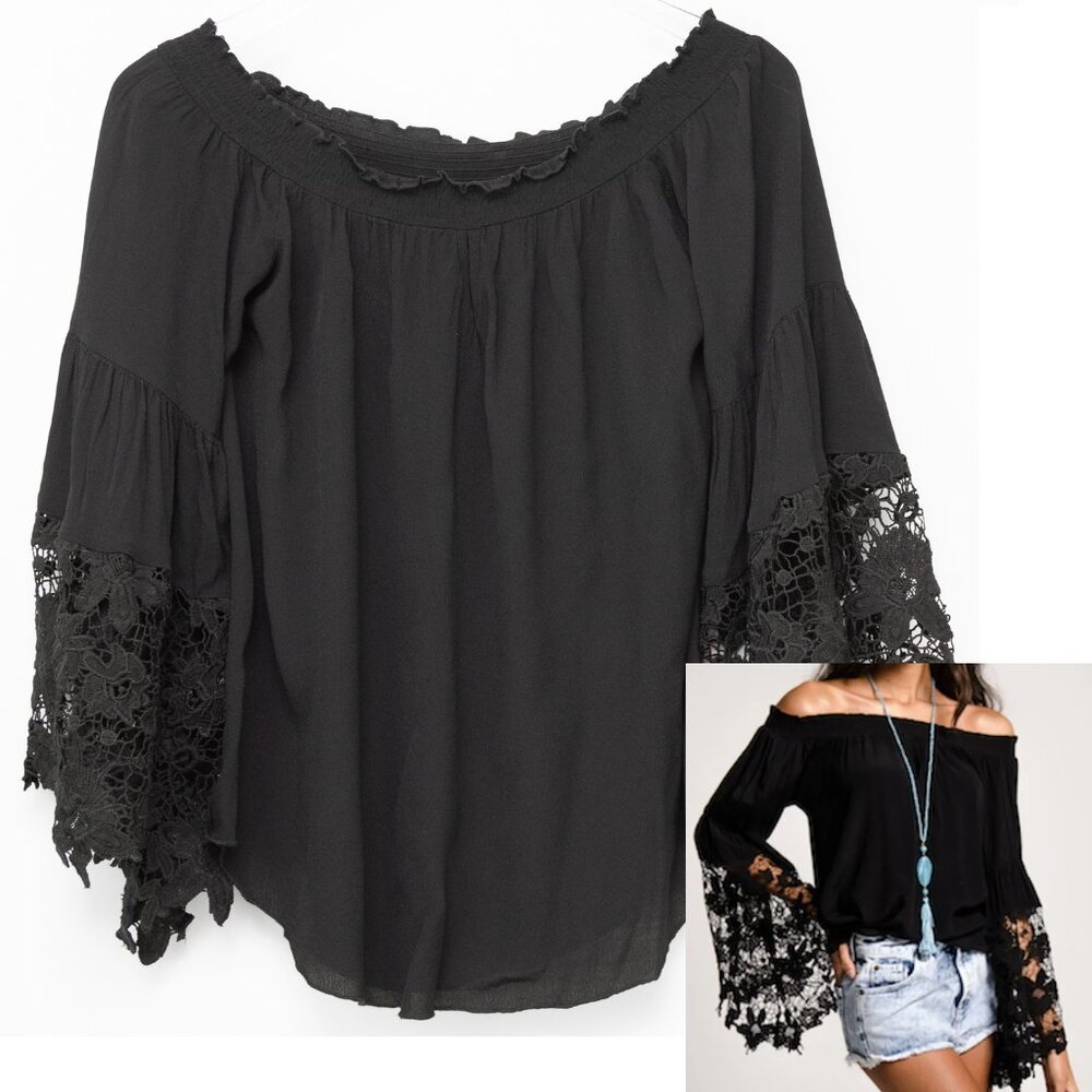 Muche et Muchette Jolie Blouse Off The Shoulder Lace Sleeves Black One Size